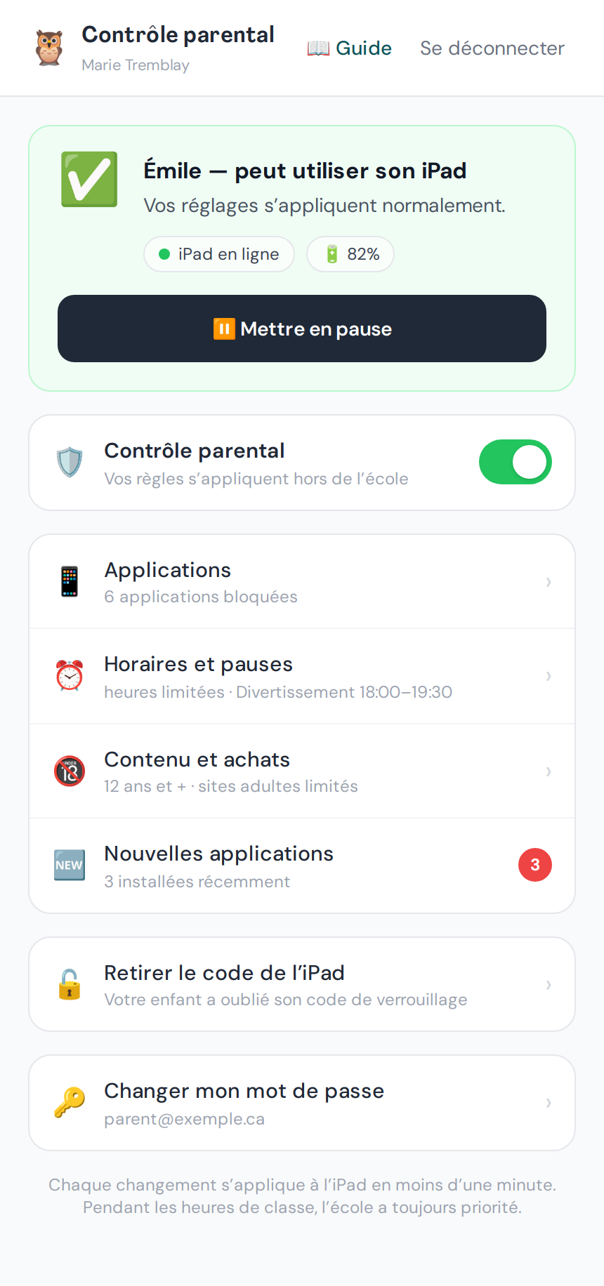 Portail parent : Émile peut utiliser son iPad, bouton Mettre en pause, contrôle parental