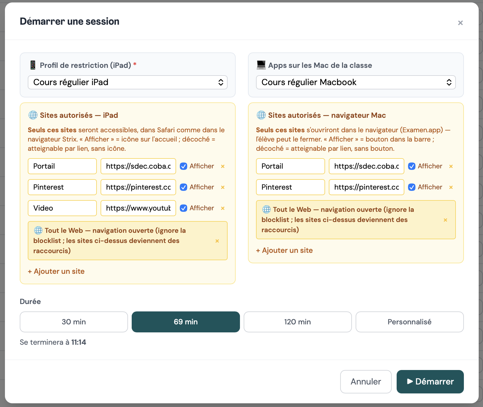 Fenêtre « Démarrer une session » : profil de restriction, sites autorisés pour iPad et Mac, durée