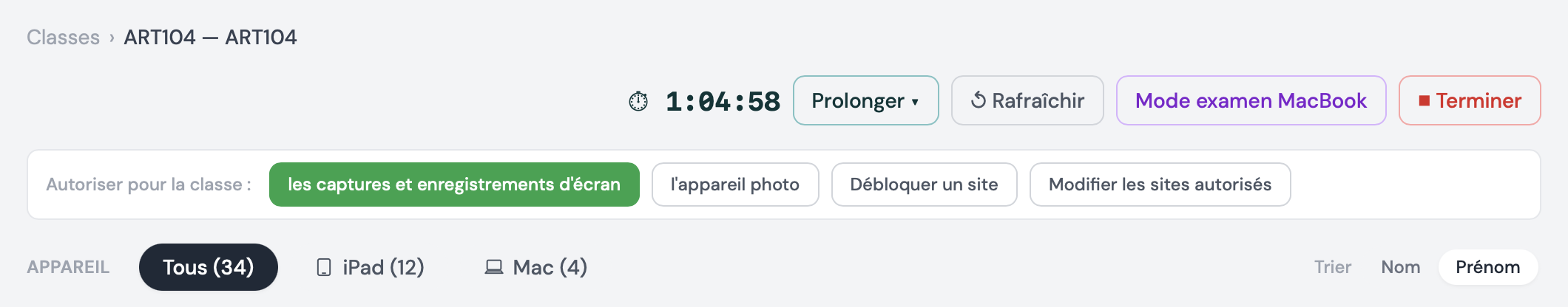 Barre d’actions rapides pendant une session : minuterie, prolonger, mode examen, autoriser captures, appareil photo, débloquer un site