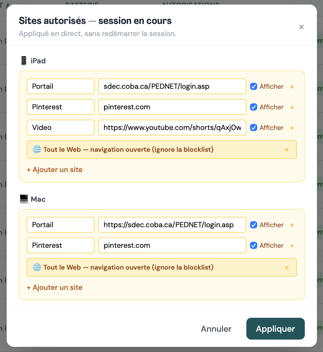 Sites autorisés modifiés en direct pendant la session